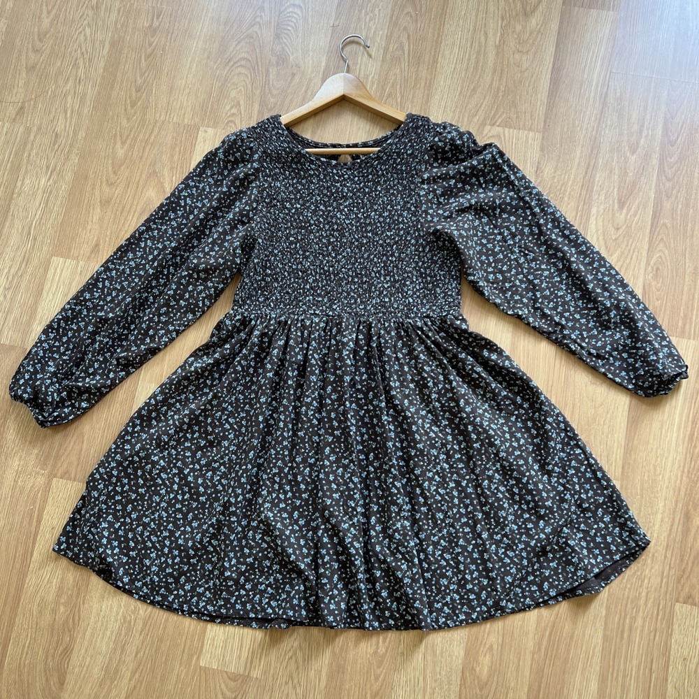 Brown Floral Cottage Core Dress Size XL Short Garden Smocked Long Bishop Sleeves